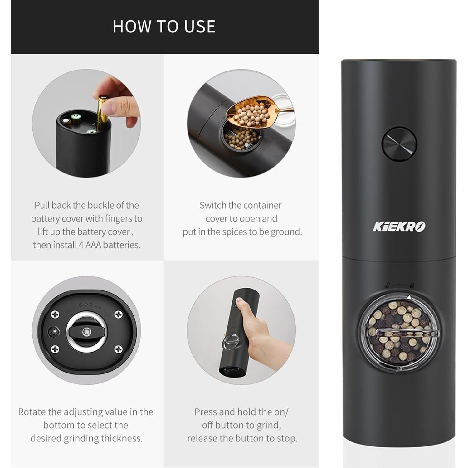 Juego de Molinillos de Sal y Pimienta Eléctrico KIEKRO Negro