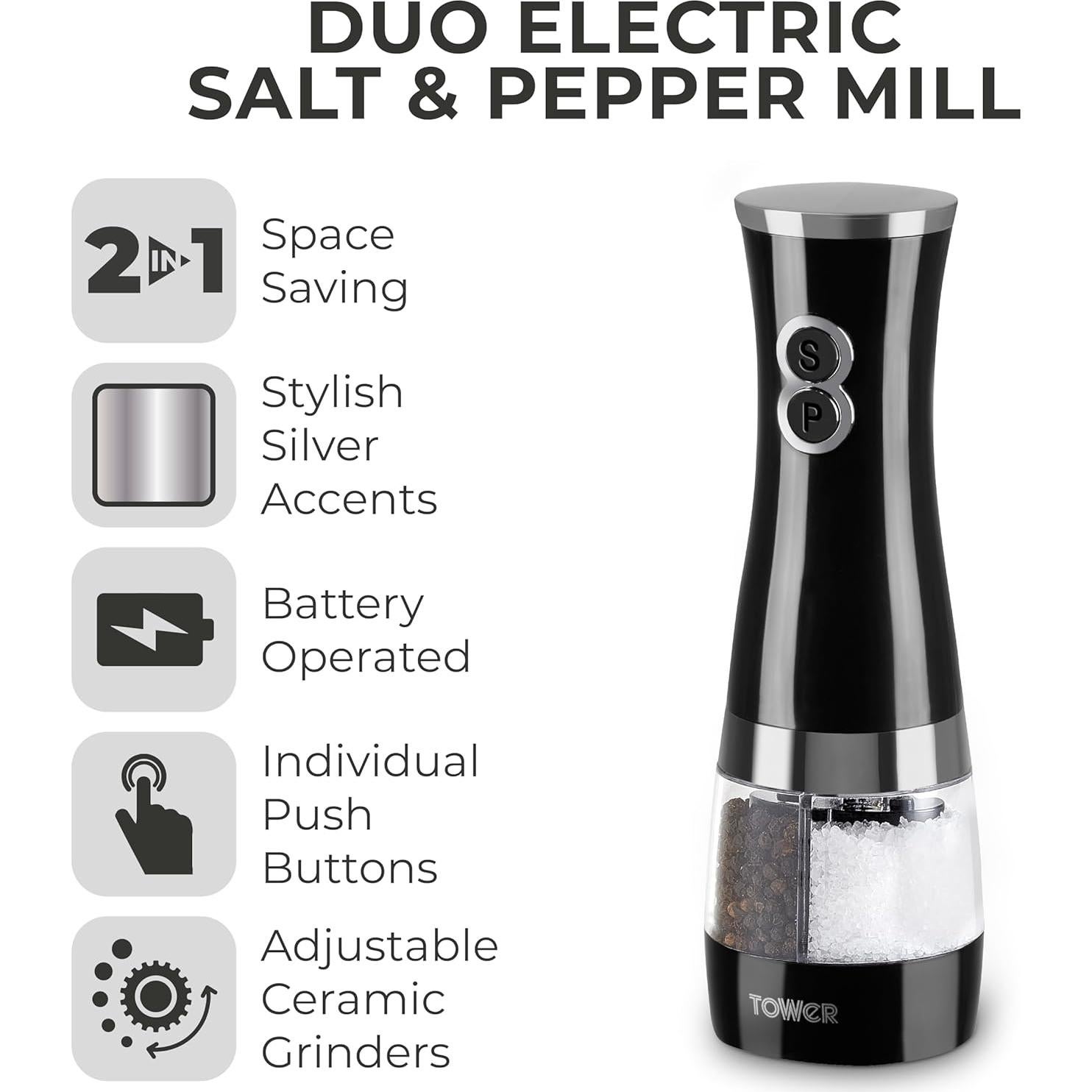 Molino eléctrico de sal y pimienta Tower Duo negro