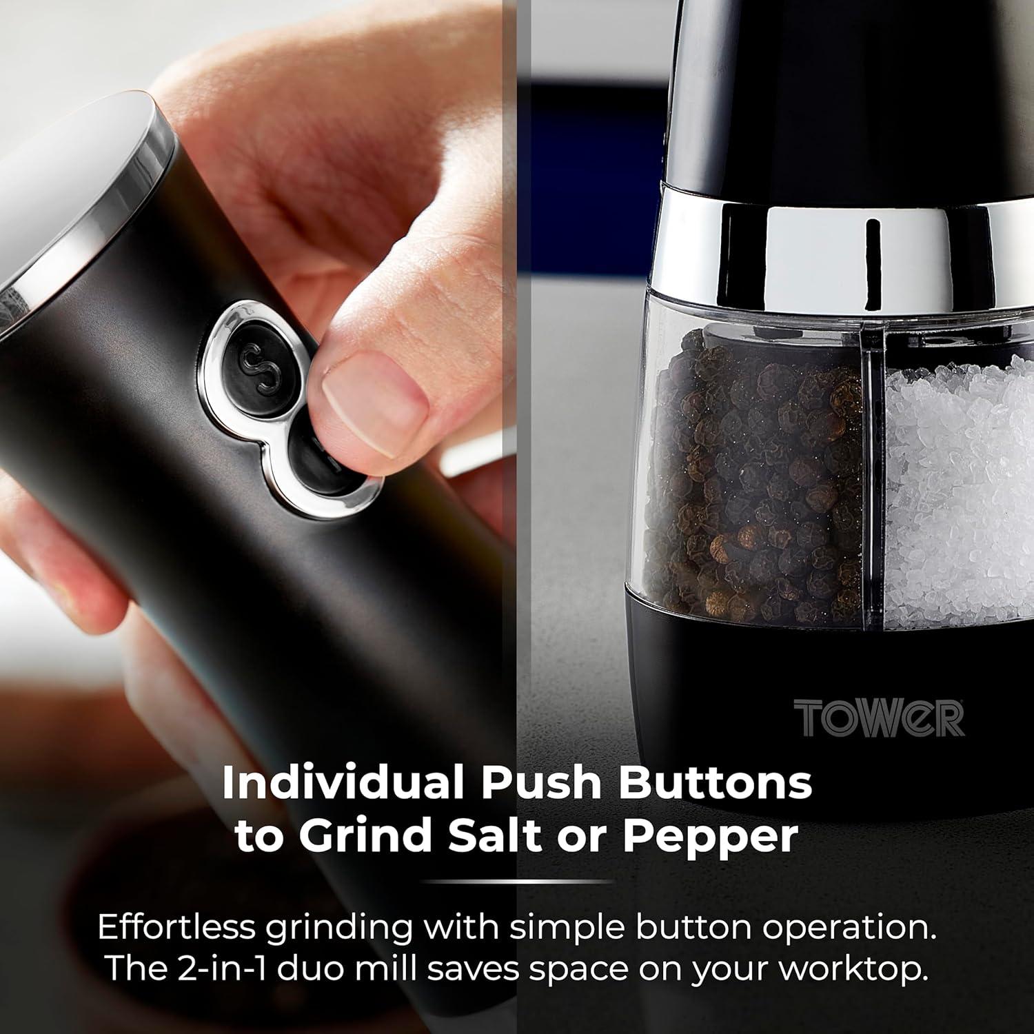 Molino eléctrico de sal y pimienta Tower Duo negro