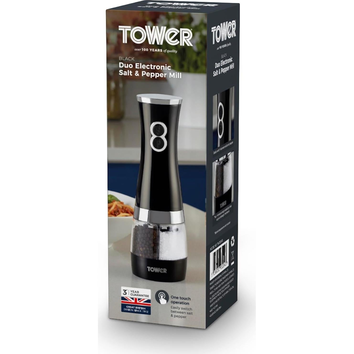Molino eléctrico de sal y pimienta Tower Duo negro
