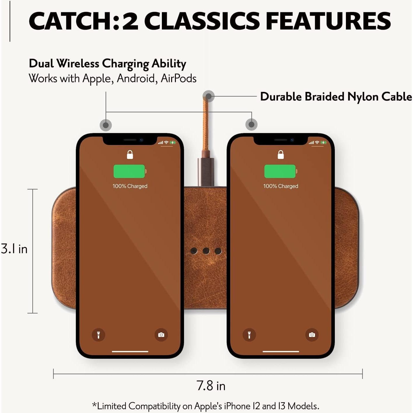 Courant Catch:2 Classics - Italian Leather Dual Wireless Charging Pad - Compatible with iPhone 11, X, SE, Galaxy S23, S22, S21, S20, Note, AirPods, AirPods Pro (Saddle)
