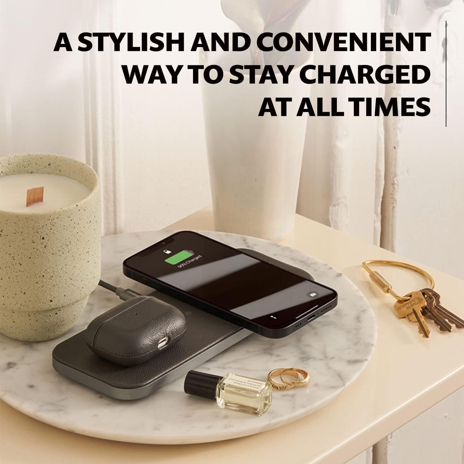 Courant Catch:2 Classics - Italian Leather Dual Wireless Charging Pad - Compatible with iPhone 11, X, SE, Galaxy S23, S22, S21, S20, Note, AirPods, AirPods Pro (Saddle)