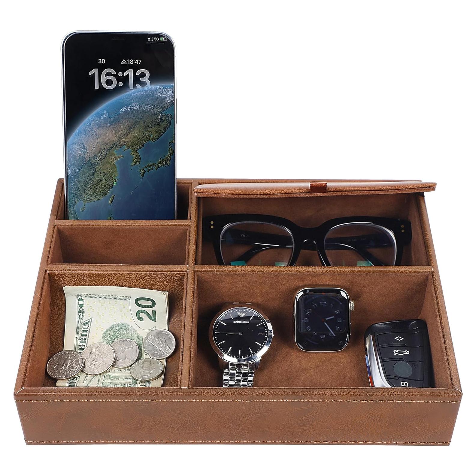 Bandeja de Valet Zcaukya de Cuero Sintético Marrón con 5 Compartimentos