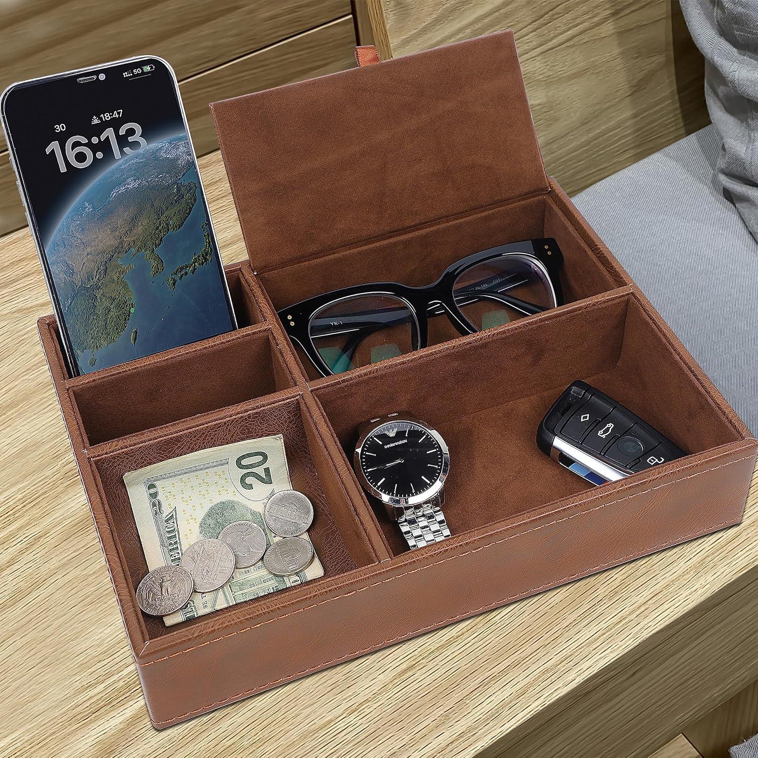 Bandeja de Valet Zcaukya de Cuero Sintético Marrón con 5 Compartimentos