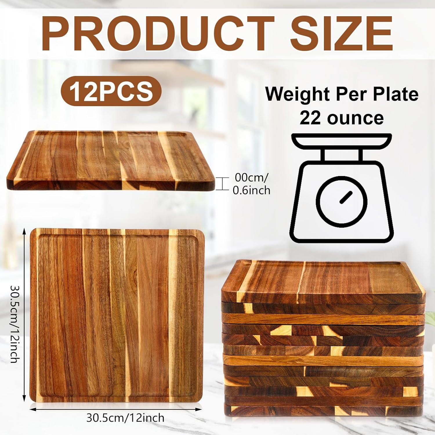 12 Platos Cuadrados de Madera de Acacia Roshtia 30.48 cm