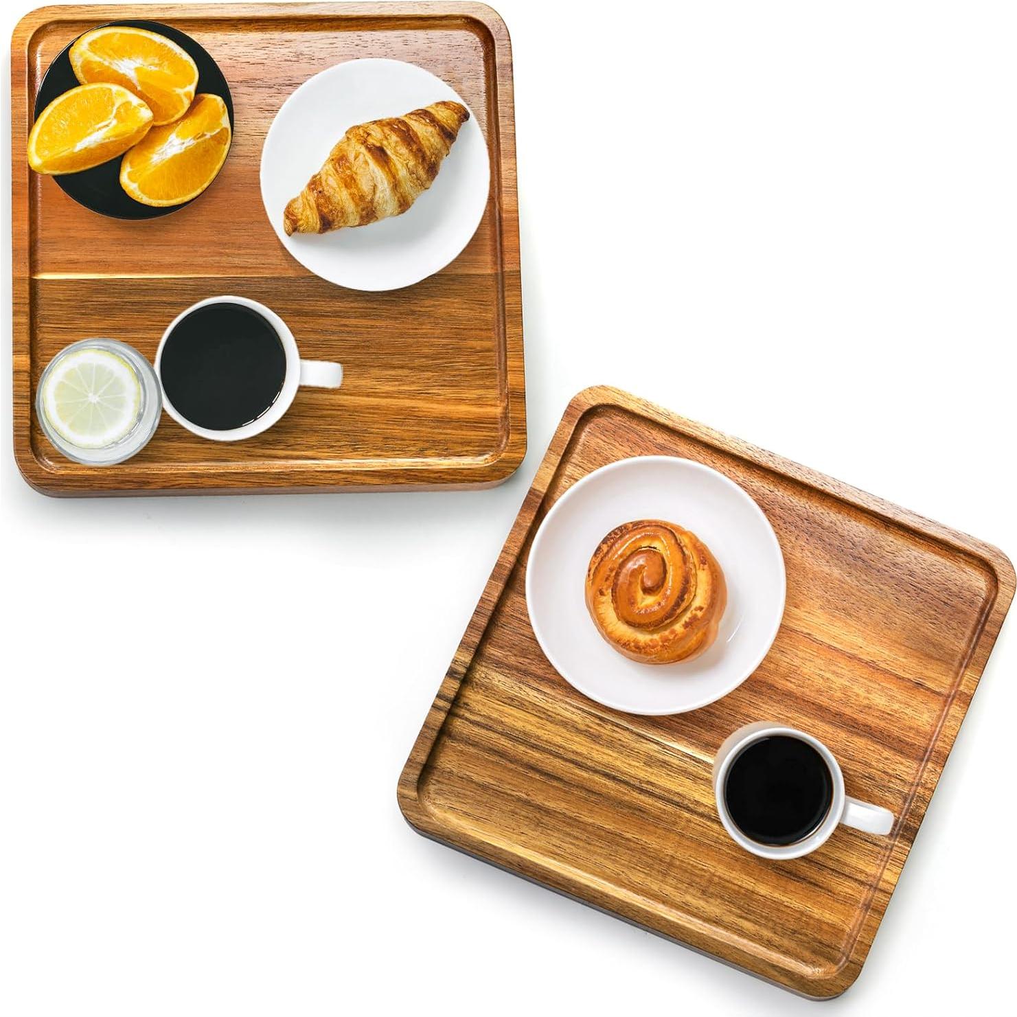 Bandeja de Servir Cuadrada de Madera de Acacia Elsjoy - 2 Piezas