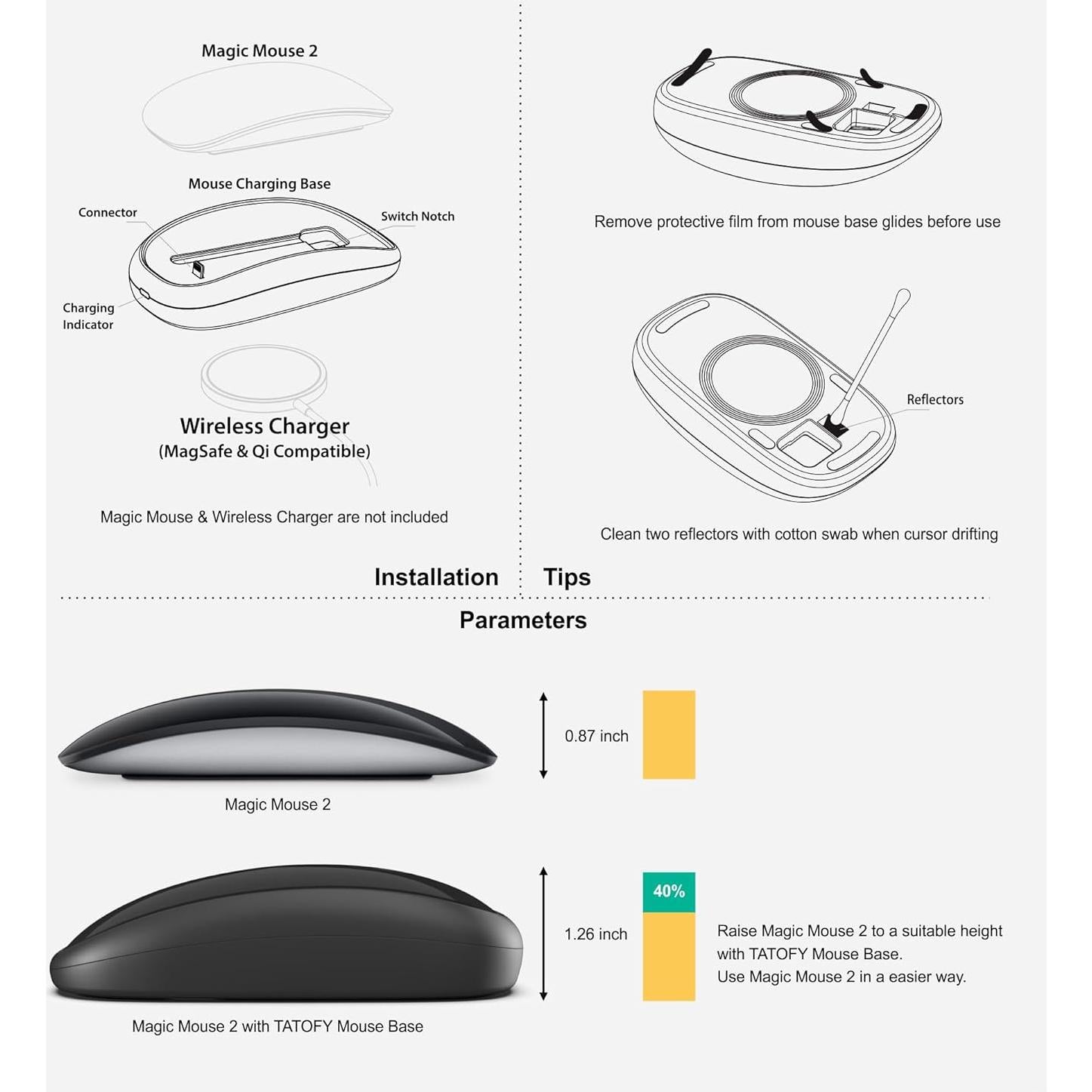 Cargador Inalámbrico TATOFY para Magic Mouse 2 USB-C Negro