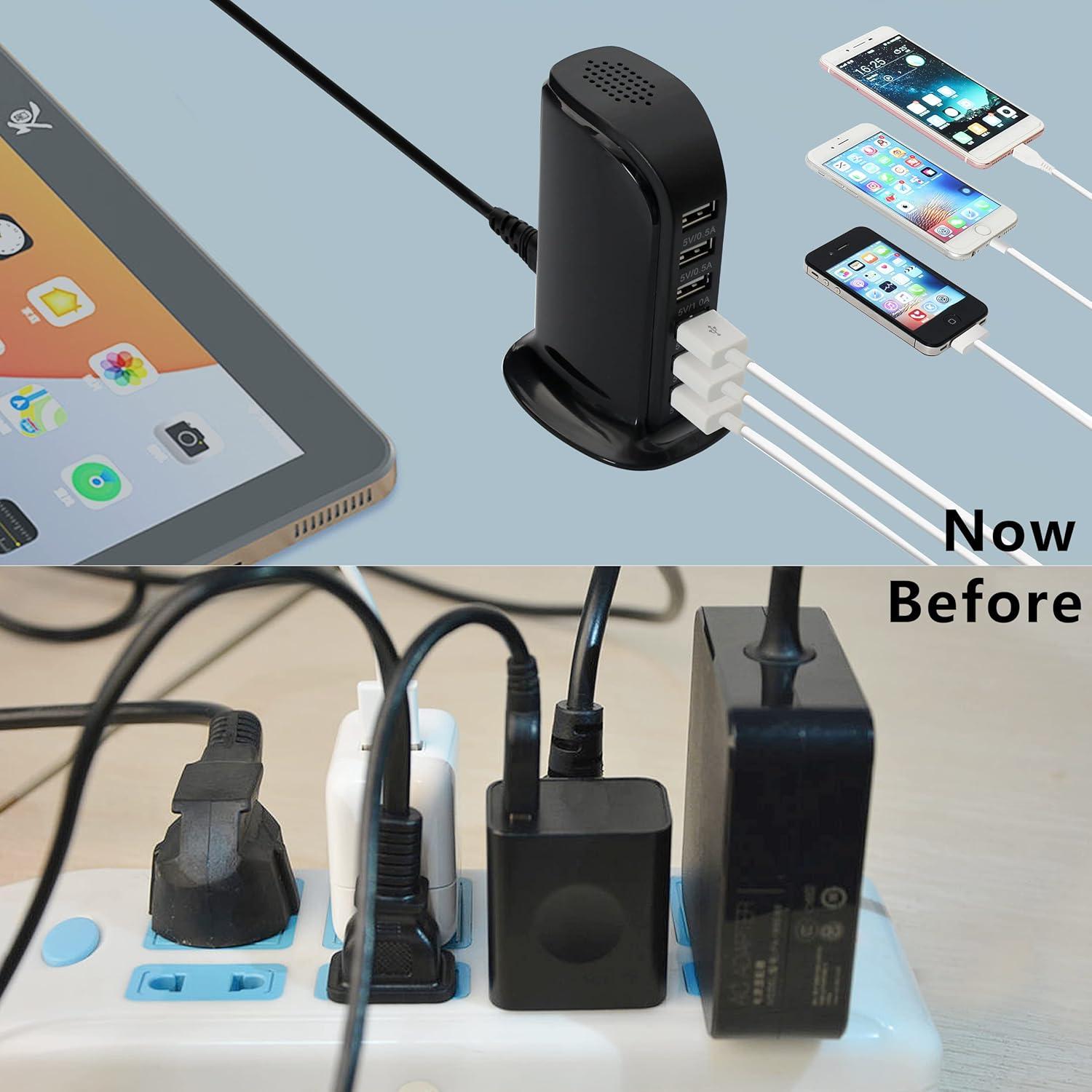 Cargador de pared USB 6 puertos Wyness carga rápida negro