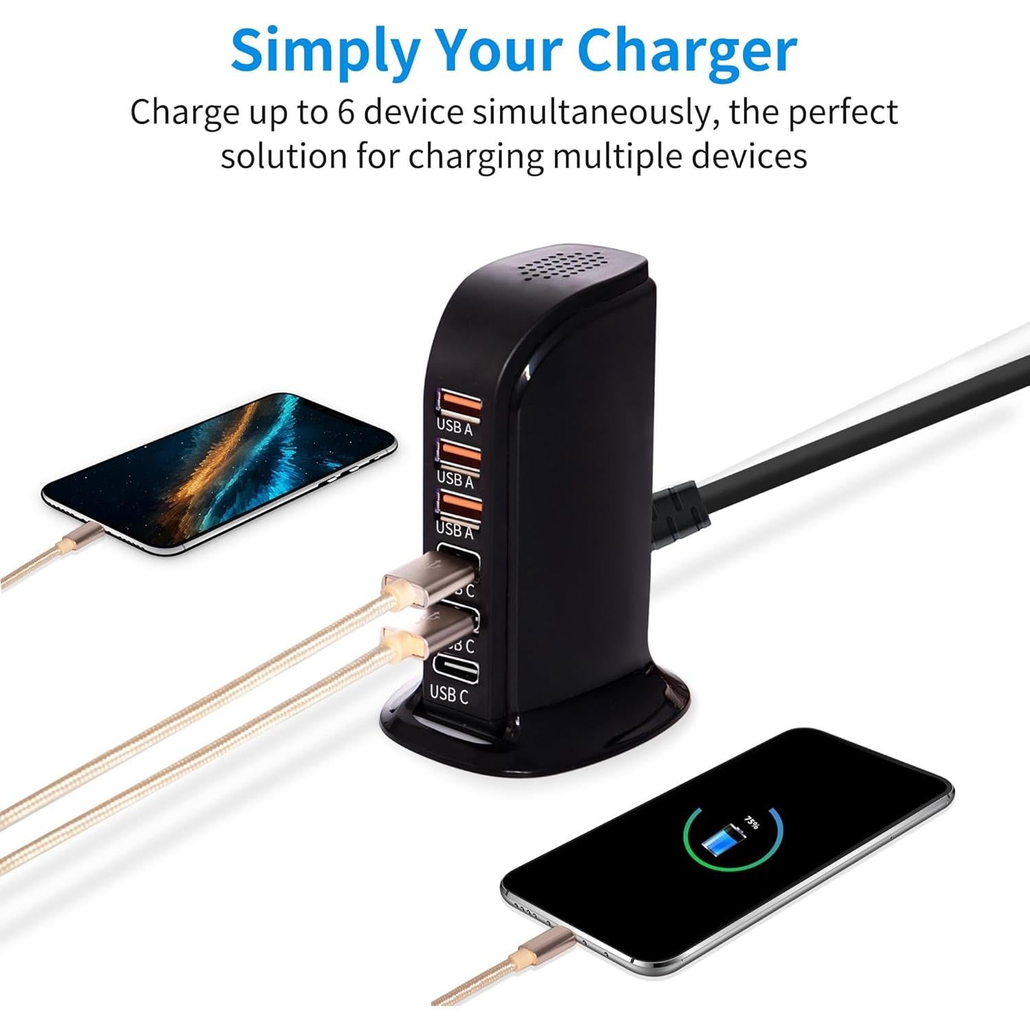 Cargador de pared USB 6 puertos Wyness carga rápida negro