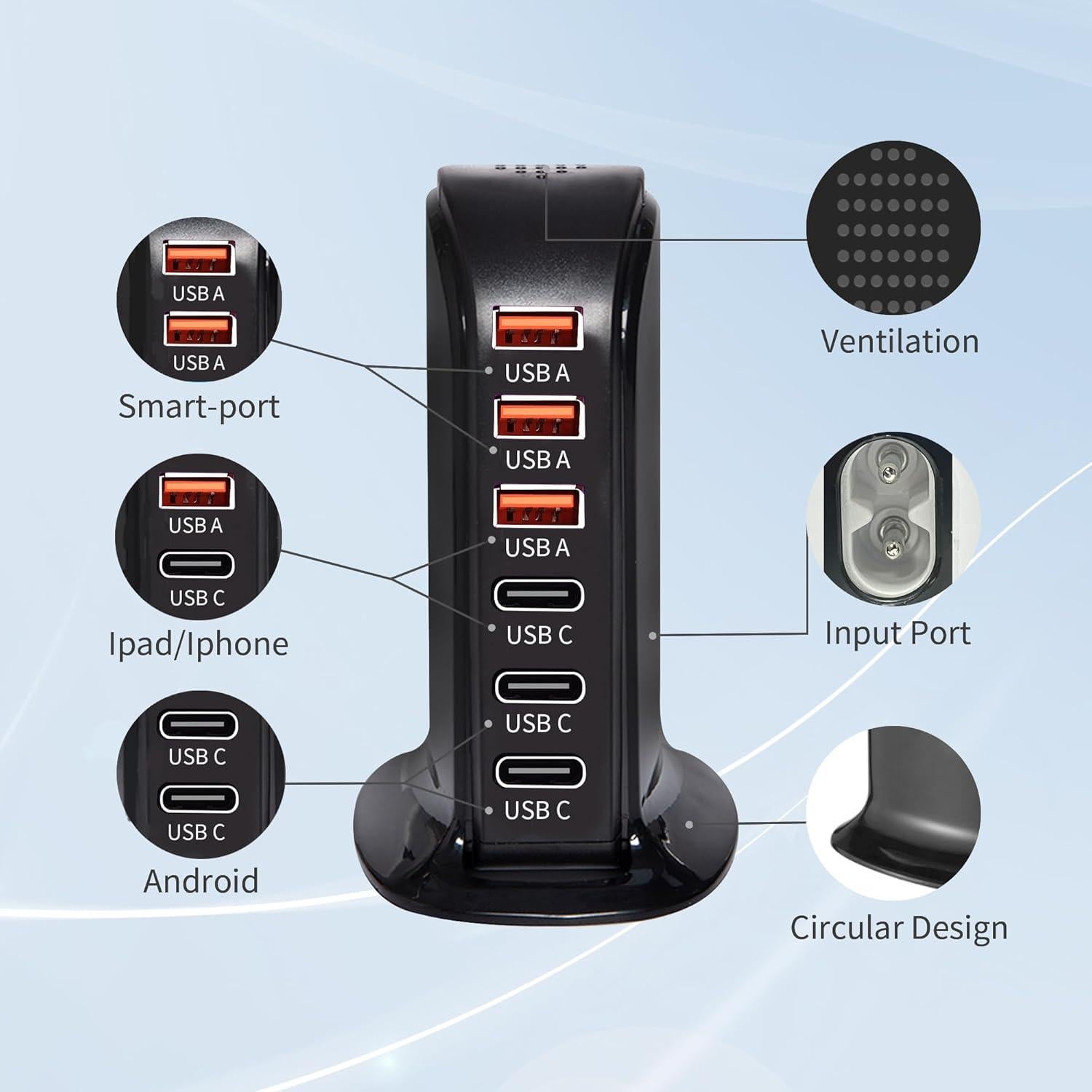 Cargador de pared USB 6 puertos Wyness carga rápida negro