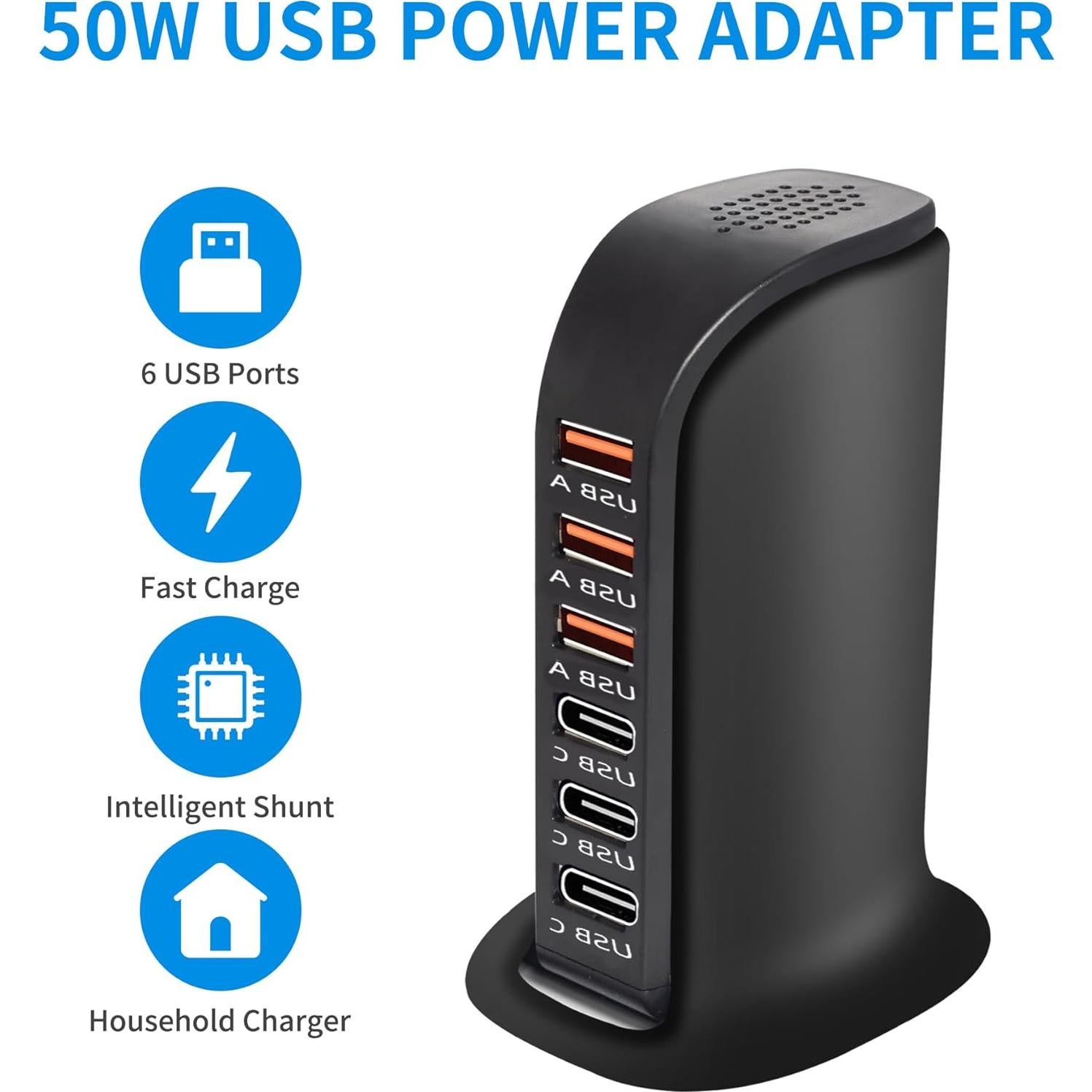 Cargador de pared USB 6 puertos Wyness carga rápida negro