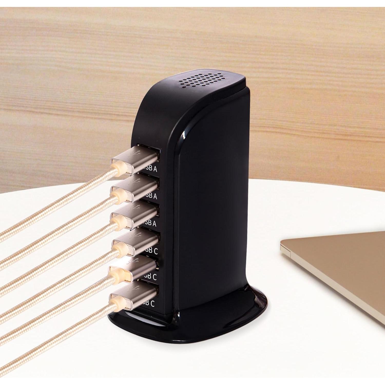 Cargador de pared USB 6 puertos Wyness carga rápida negro