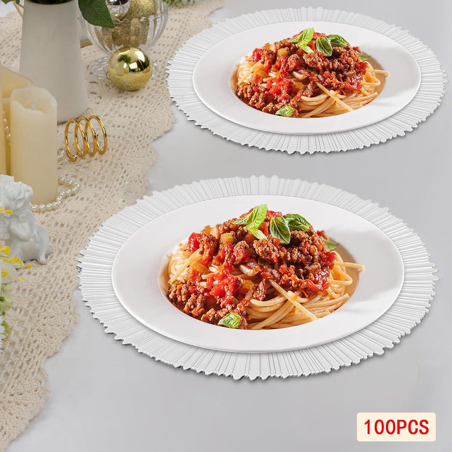 Set de 100 Platos Cargadores Redondos NEATOOM 33 cm Plata