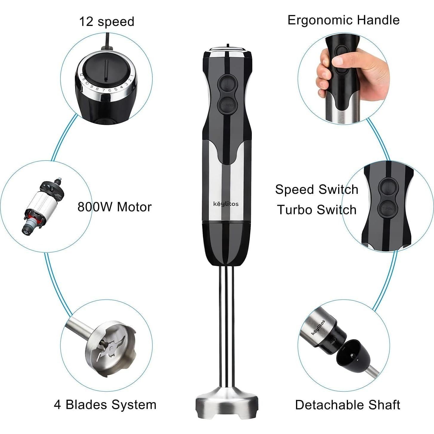 Batidora de Inmersión Keylitos 1000W 5 en 1 con Picadora 600ML