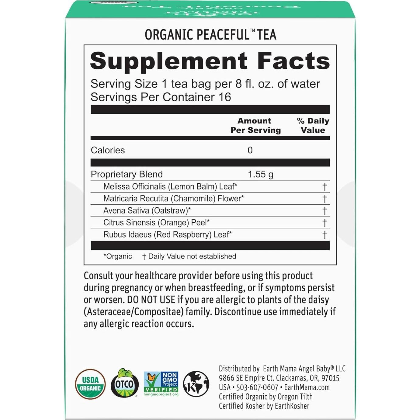 Té Orgánico Peaceful Mama Earth Mama 16 Bolsitas Calmante