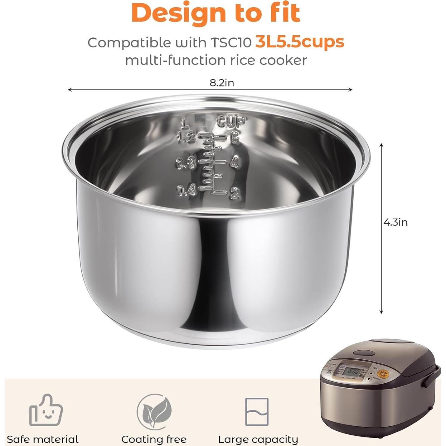 Olla Interna de Acero Inoxidable 304 Baderke 3L Compatible Zojirushi