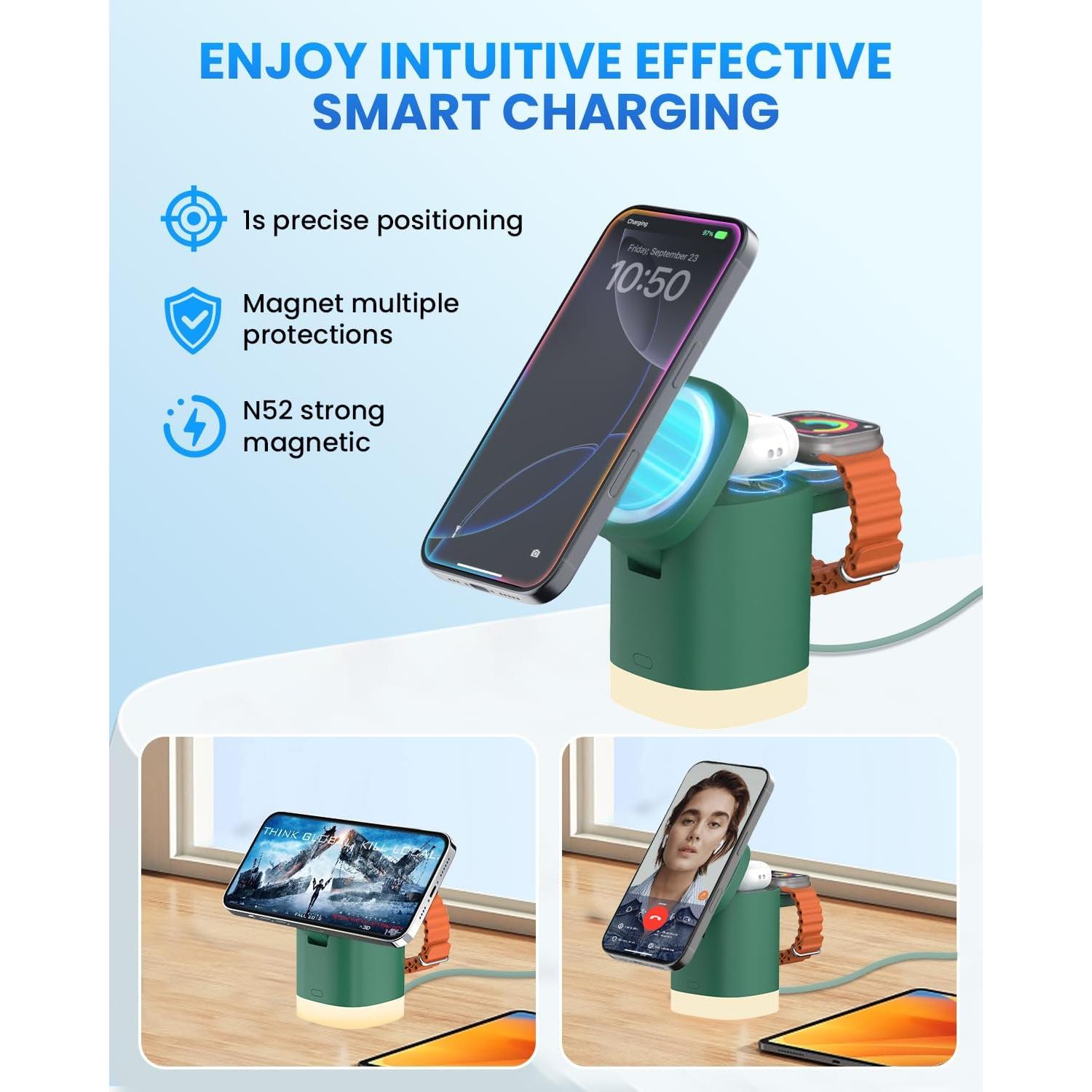 Cargador Inalámbrico 3 en 1 JoyGeek MagSafe Verde Oscuro