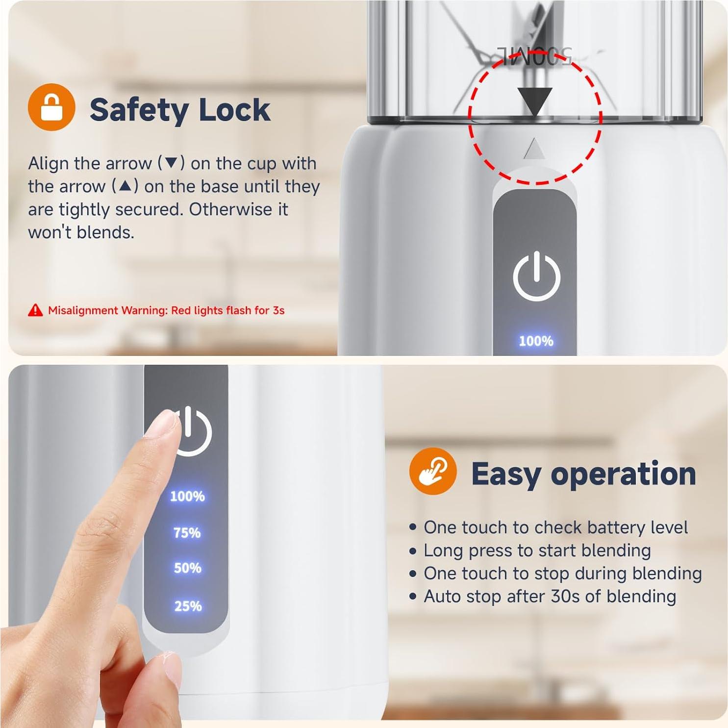 Licuadora Portátil COKUNST 17oz USB-C 6 Cuchillas Blanca