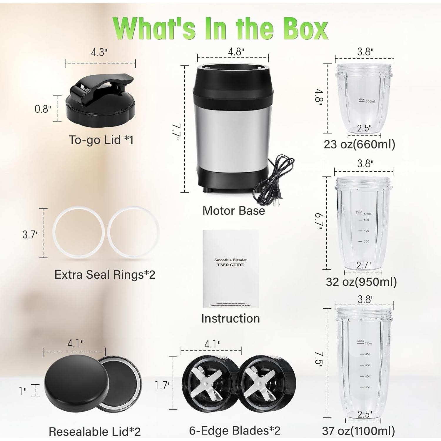 Mezclador Personal Nahida 1200W con 3 Tazas 23oz, 32oz, 37oz