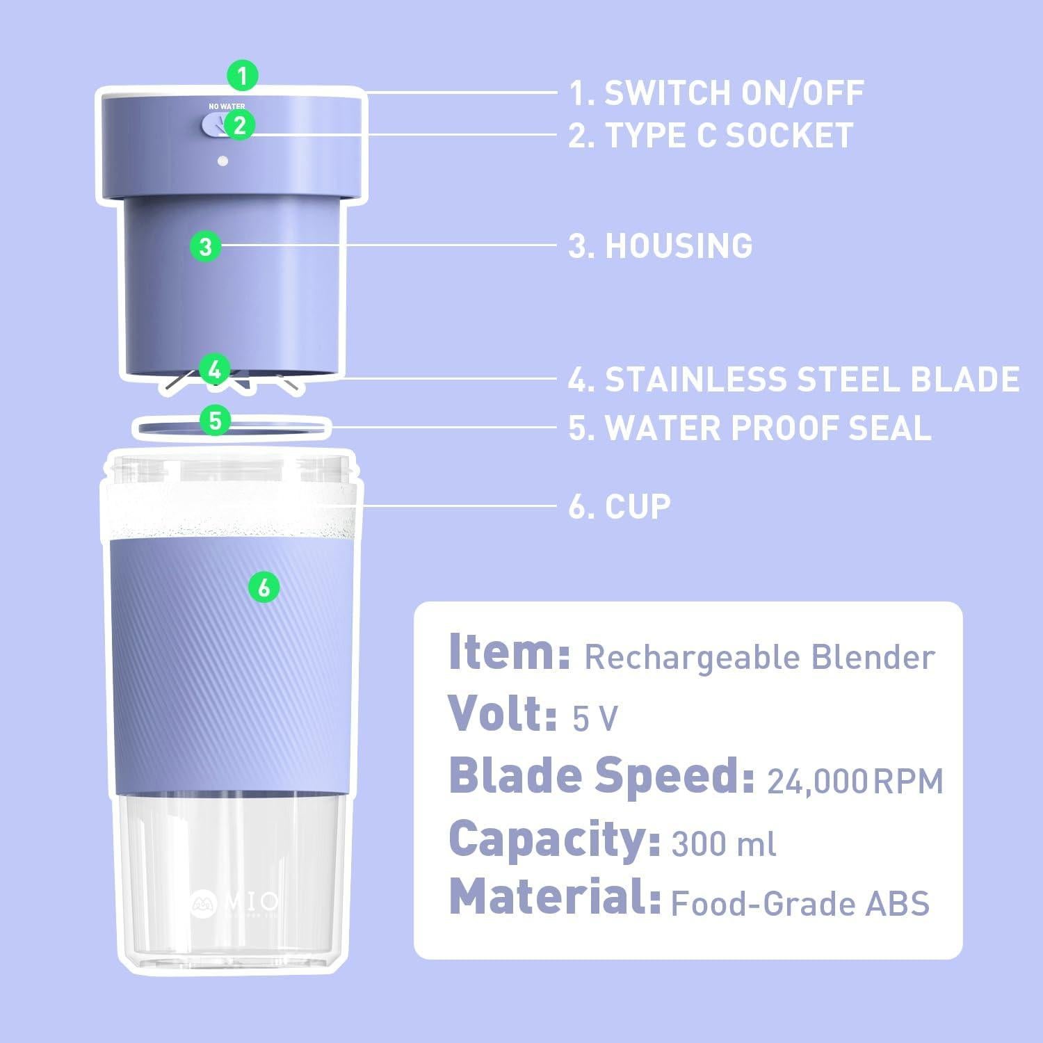 Licuadora Portátil MIO SJ-1001 300 mL Recargable USB-C Púrpura