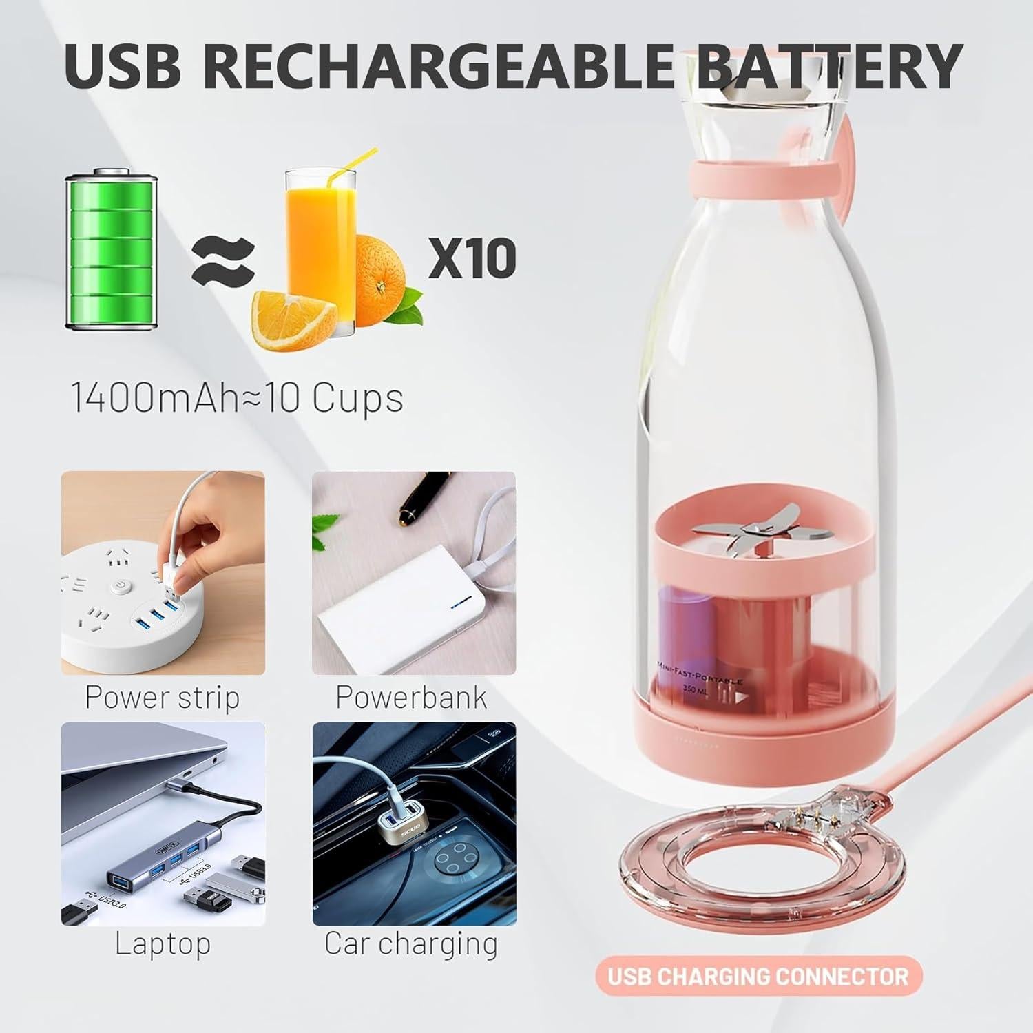 Mezclador Portátil BEBESIRI 350ml Rosa Recargable USB
