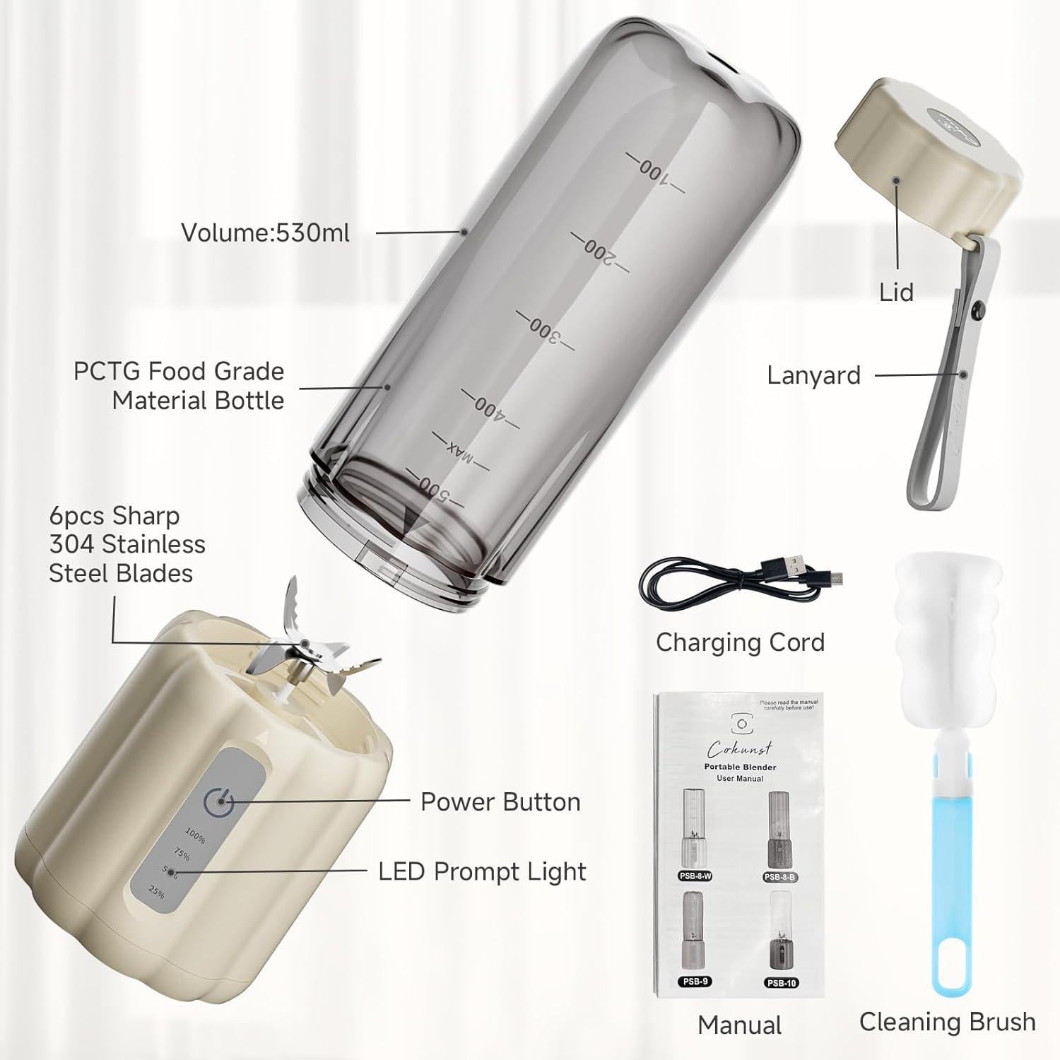 Licuadora Portátil COKUNST 500ml 6 Cuchillas USB-C para Batidos