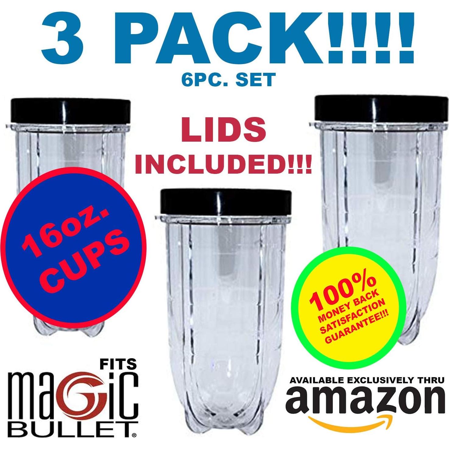 Juego de 3 tazas de repuesto 16oz Magic Bullet con tapas