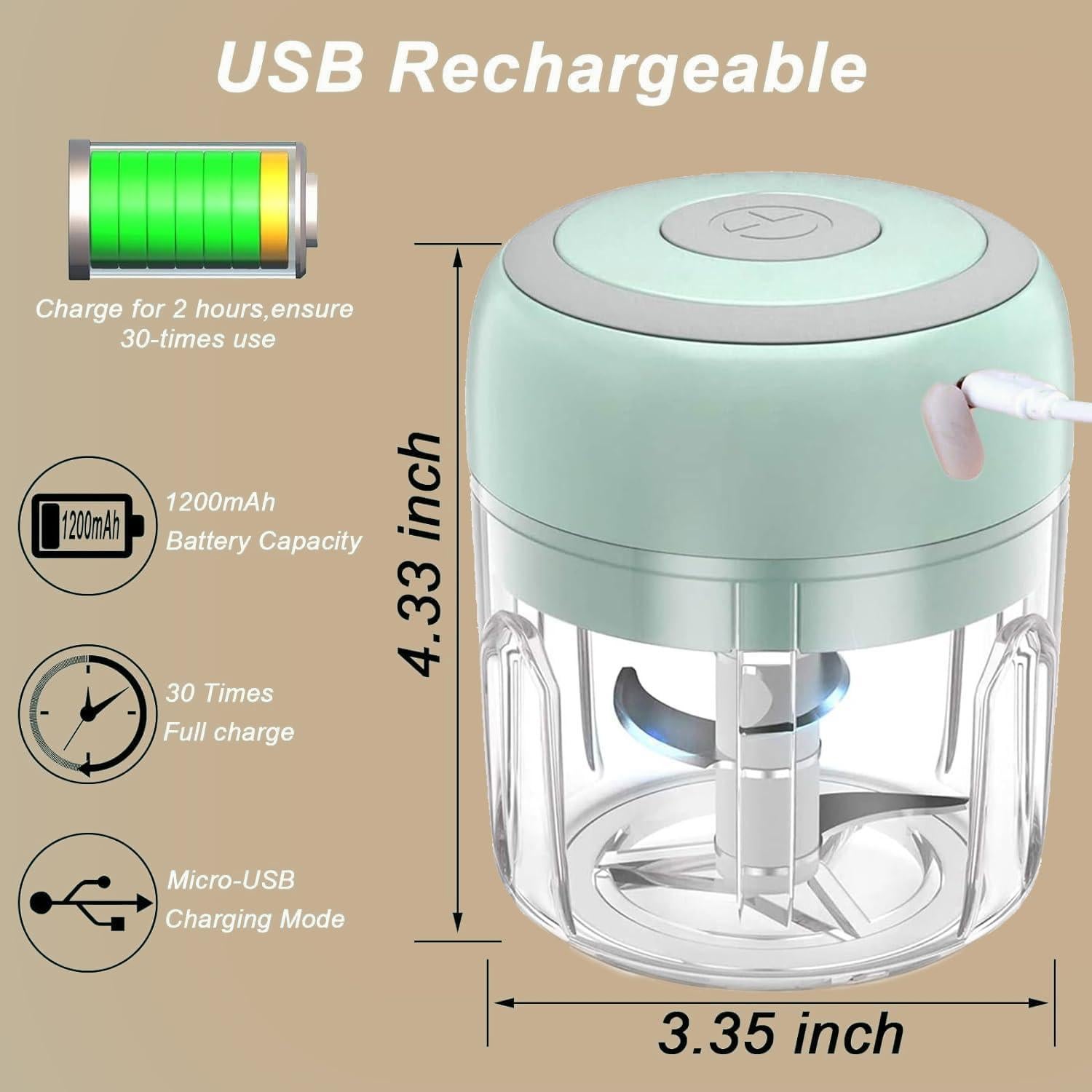 Mini Picadora Eléctrica ROVIGO 100+250ml USB Verde - Procesador de Alimentos