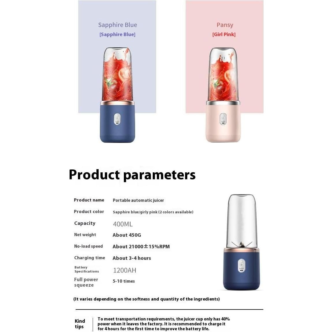 Batidora portátil ZDHFEIRUI 6 cuchillas recargable USB 400ml