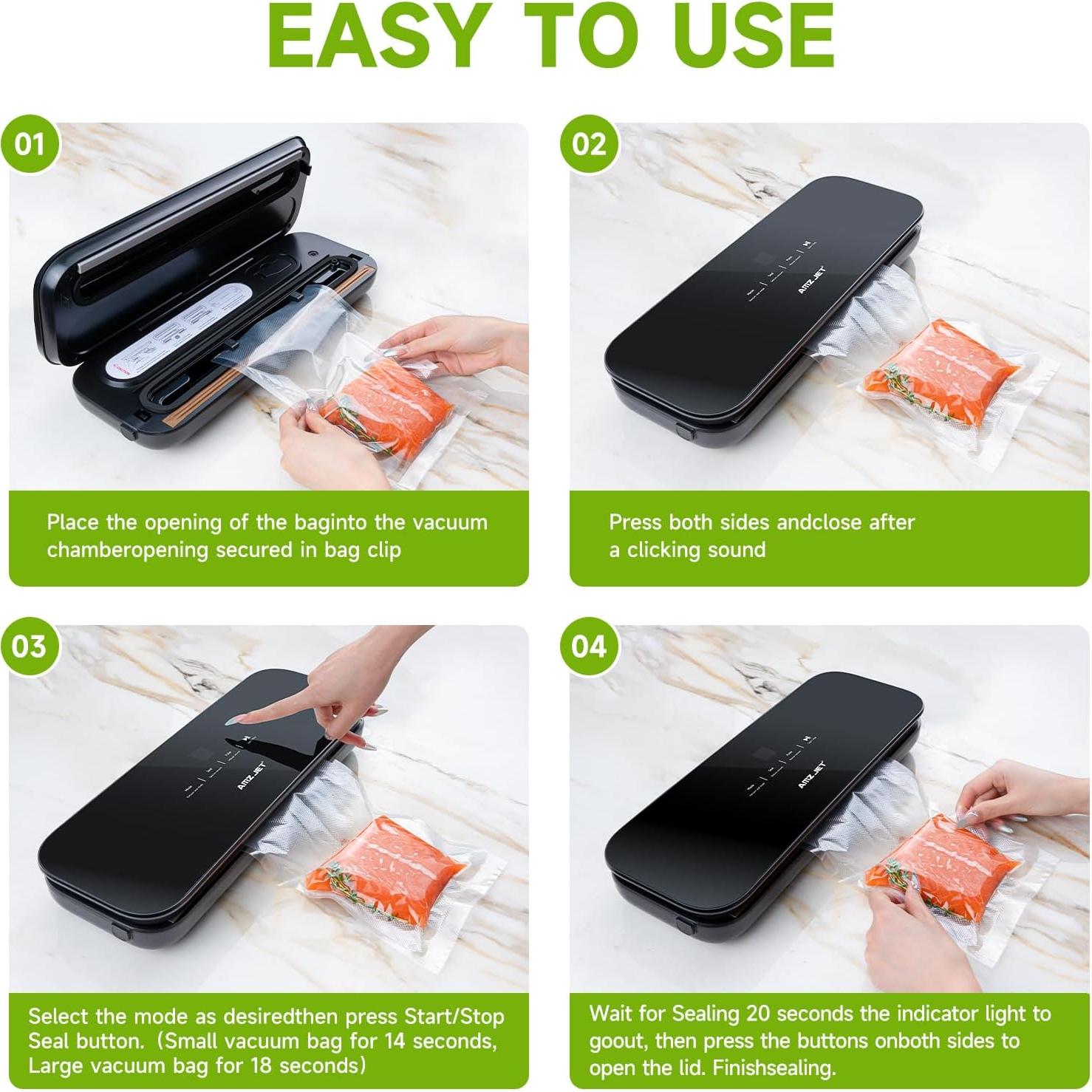 Sellador al Vacío Amz Jet Negro con 30 Bolsas y Pantalla LED