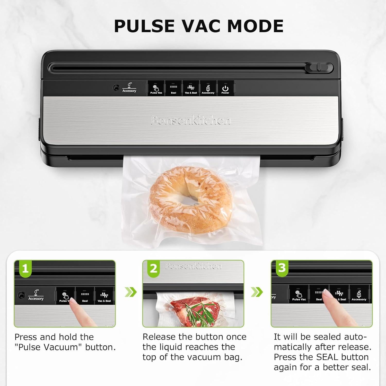 Máquina Selladora al Vacío Bonsenkitchen VS3016, 135W, Negro-Plata