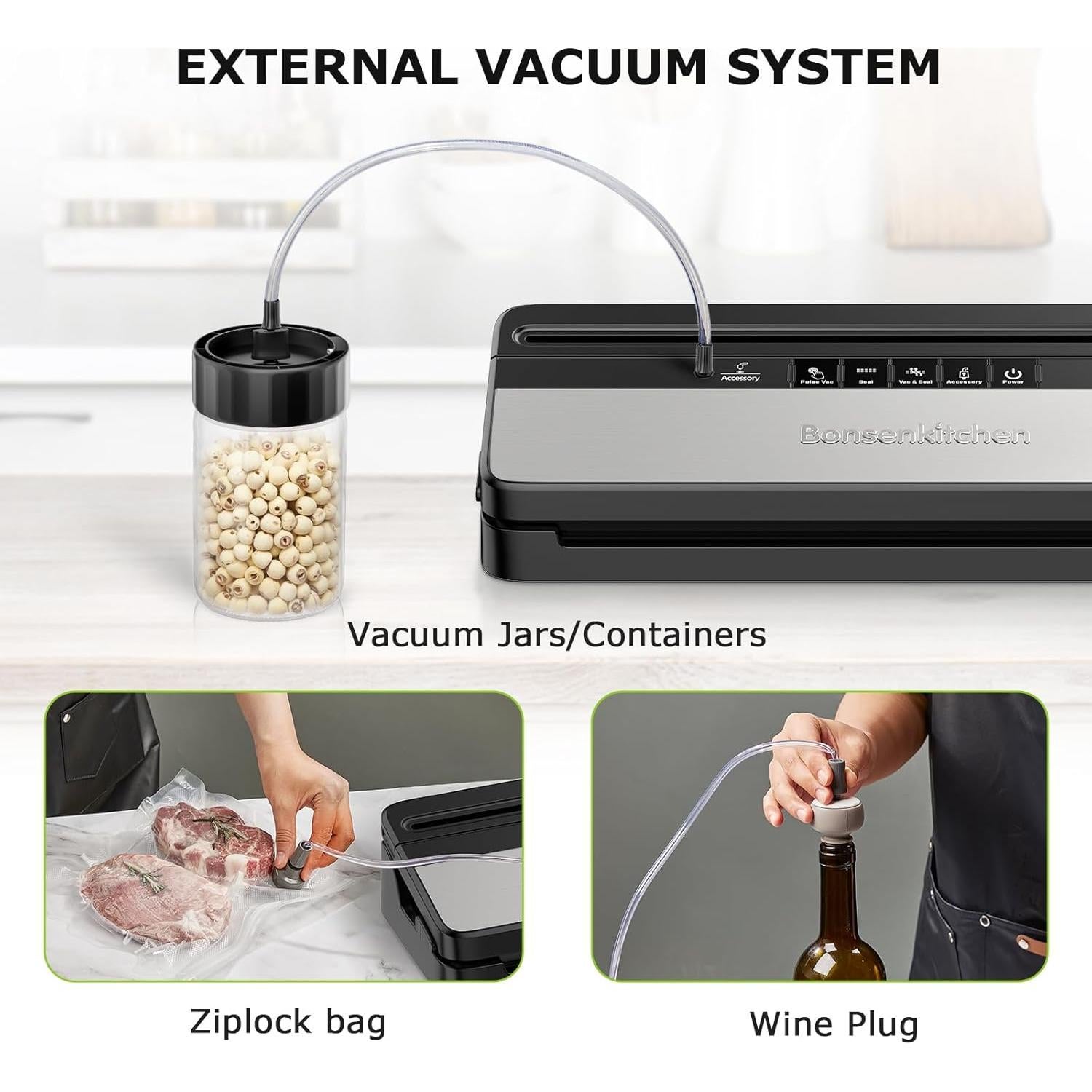 Máquina Selladora al Vacío Bonsenkitchen VS3016, 135W, Negro-Plata