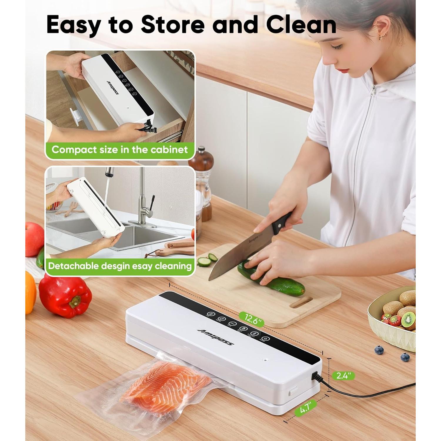 Sellador al vacío Amzpass 6 en 1, 80kPa, compacto, blanco