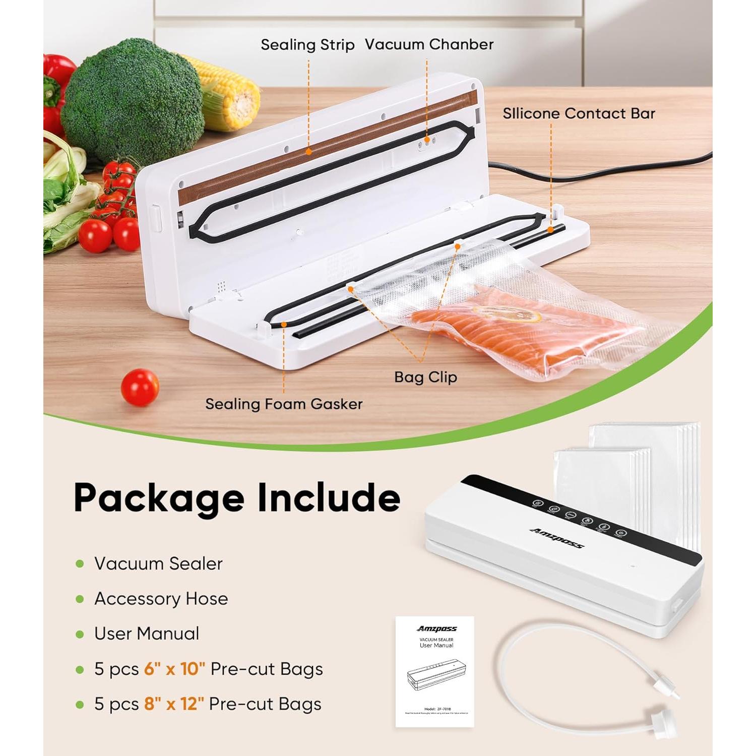 Sellador al vacío Amzpass 6 en 1, 80kPa, compacto, blanco
