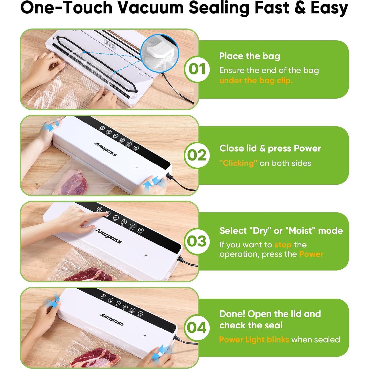 Sellador al vacío Amzpass 6 en 1, 80kPa, compacto, blanco