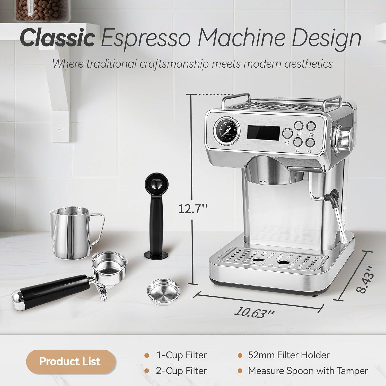 Máquina de Espresso GeniCup 601A con Espumador y Manómetro 20 Bar