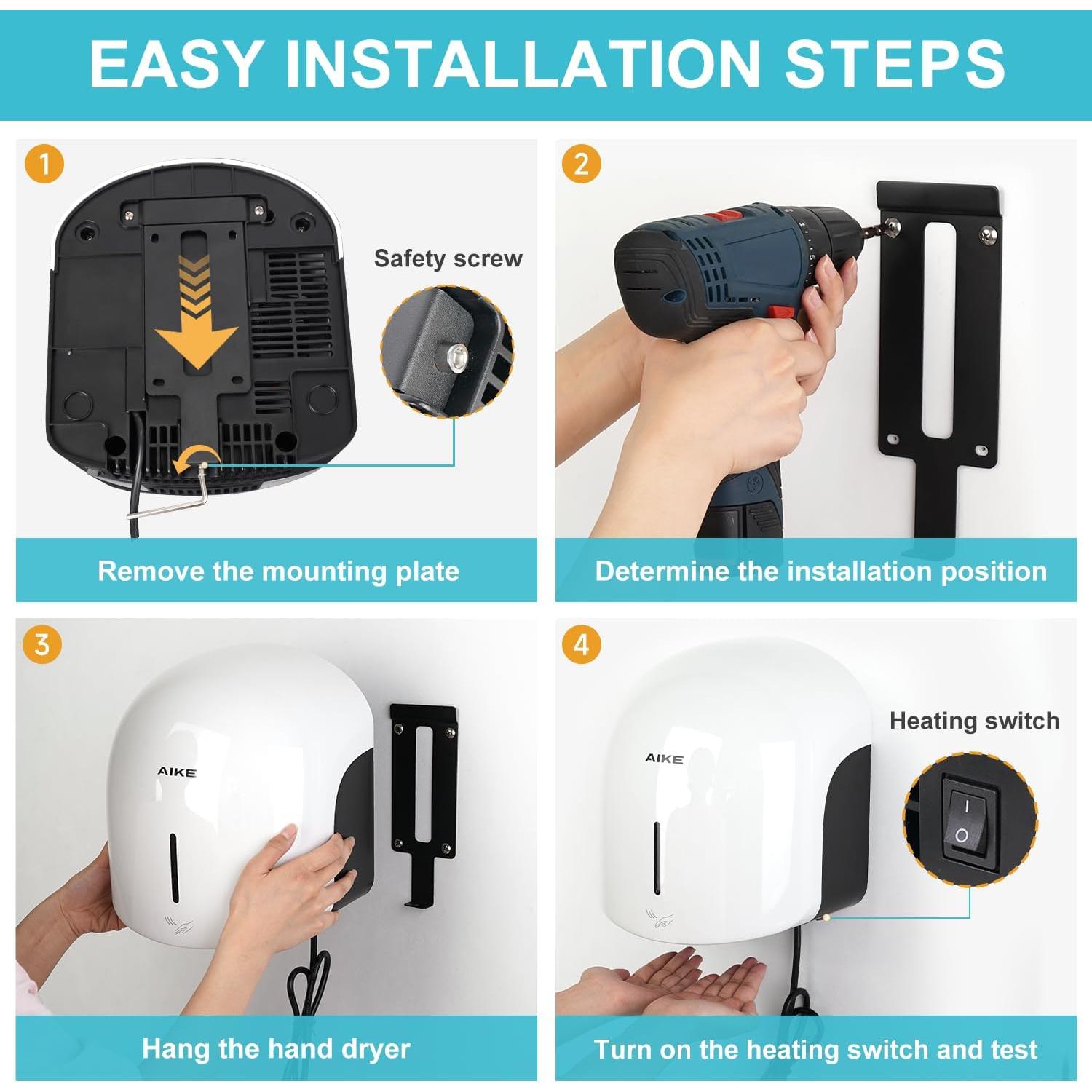 Secador de Manos AIKE AK2637 Blanco, Bajo Ruido, 1500W