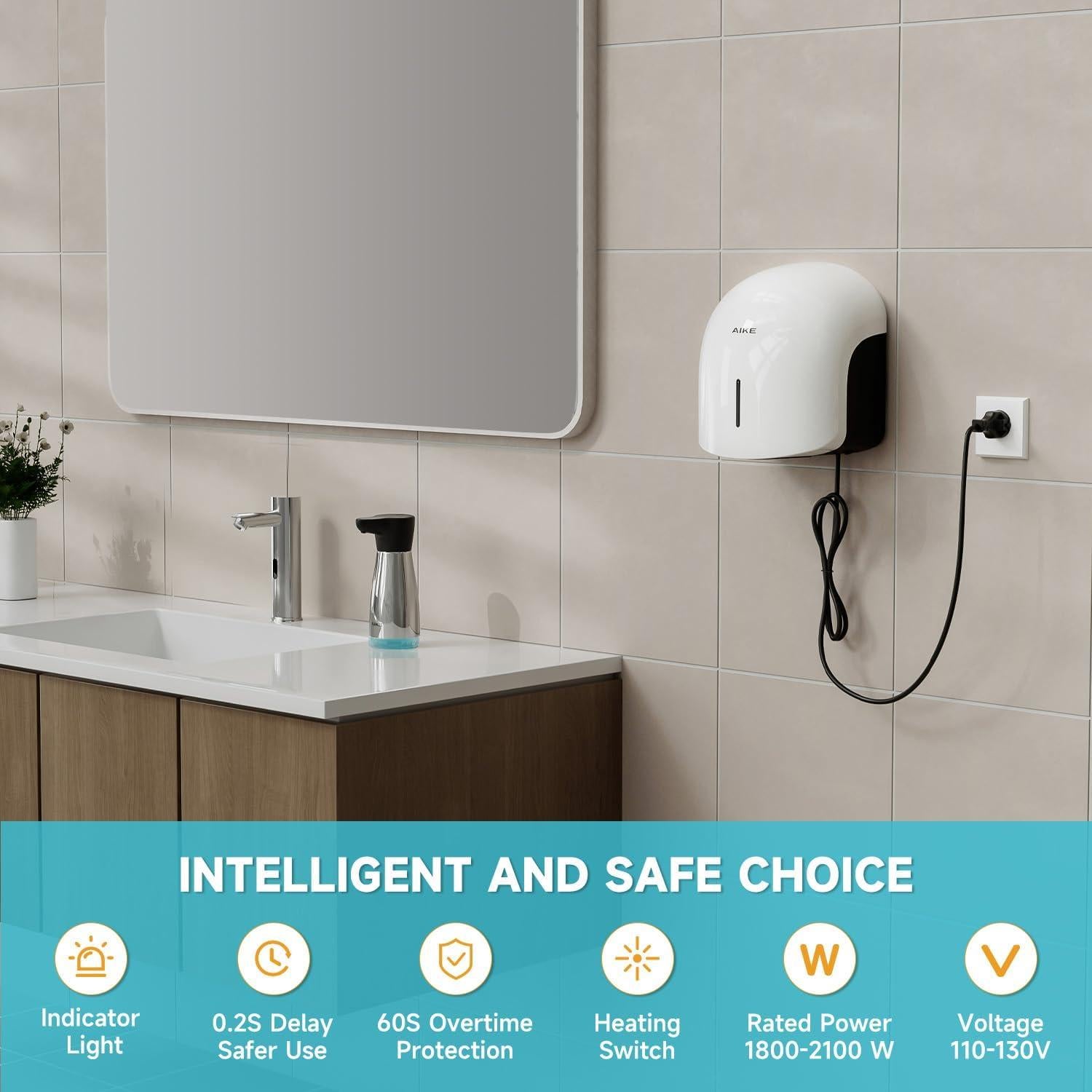 Secador de Manos AIKE AK2637 Blanco, Bajo Ruido, 1500W