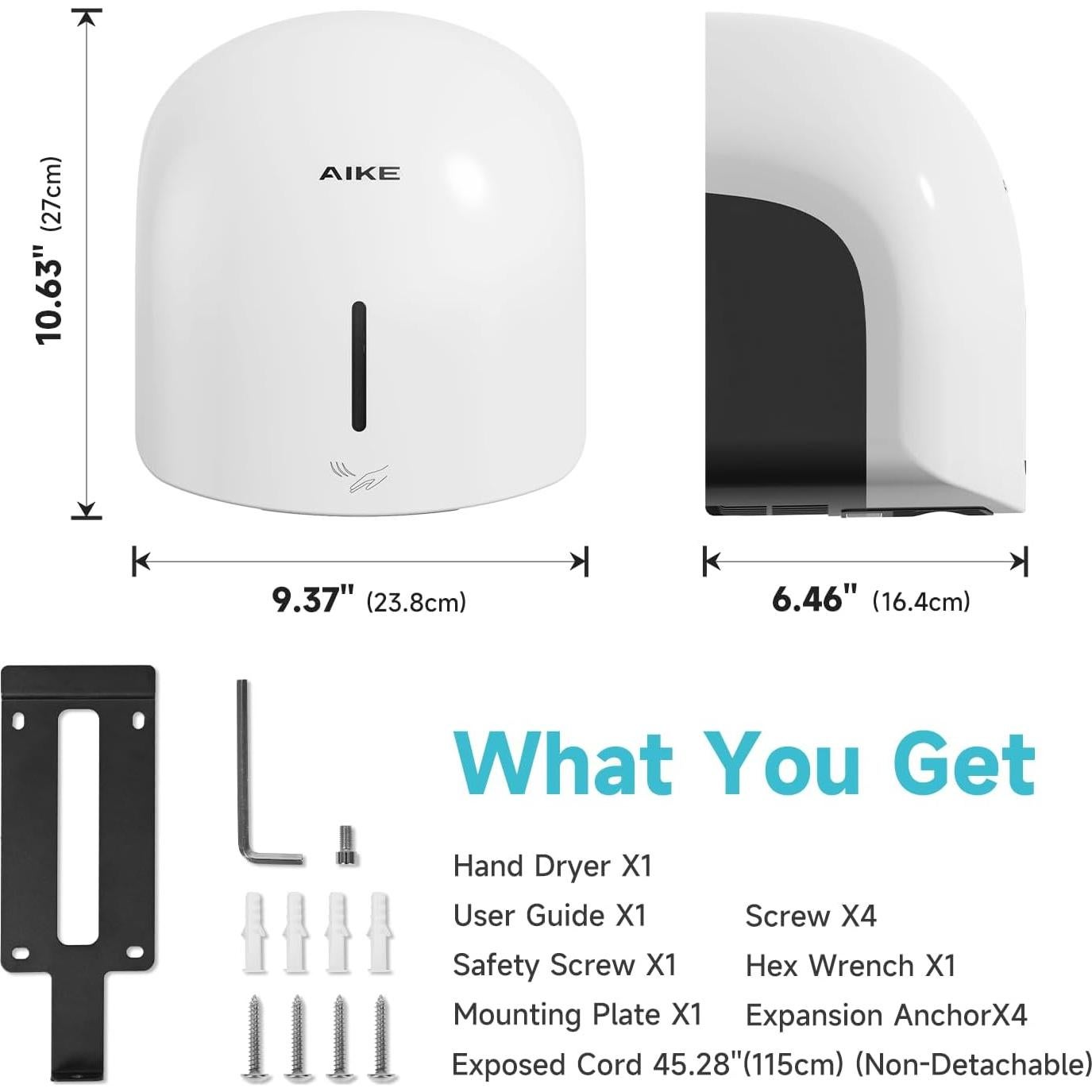 Secador de Manos AIKE AK2637 Blanco, Bajo Ruido, 1500W