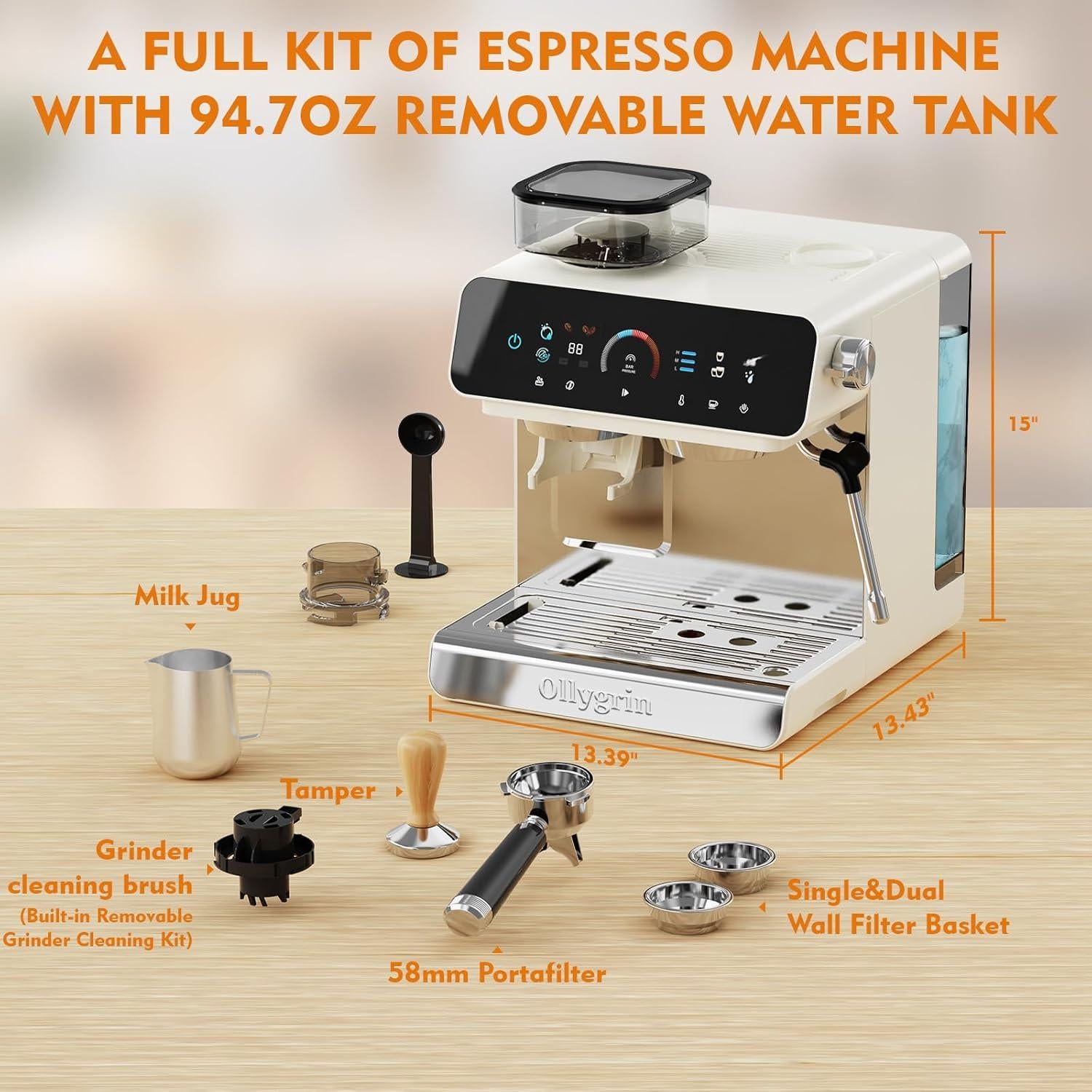 Máquina de Espresso Ollygrin con Molinillo y Espumador 2.8L