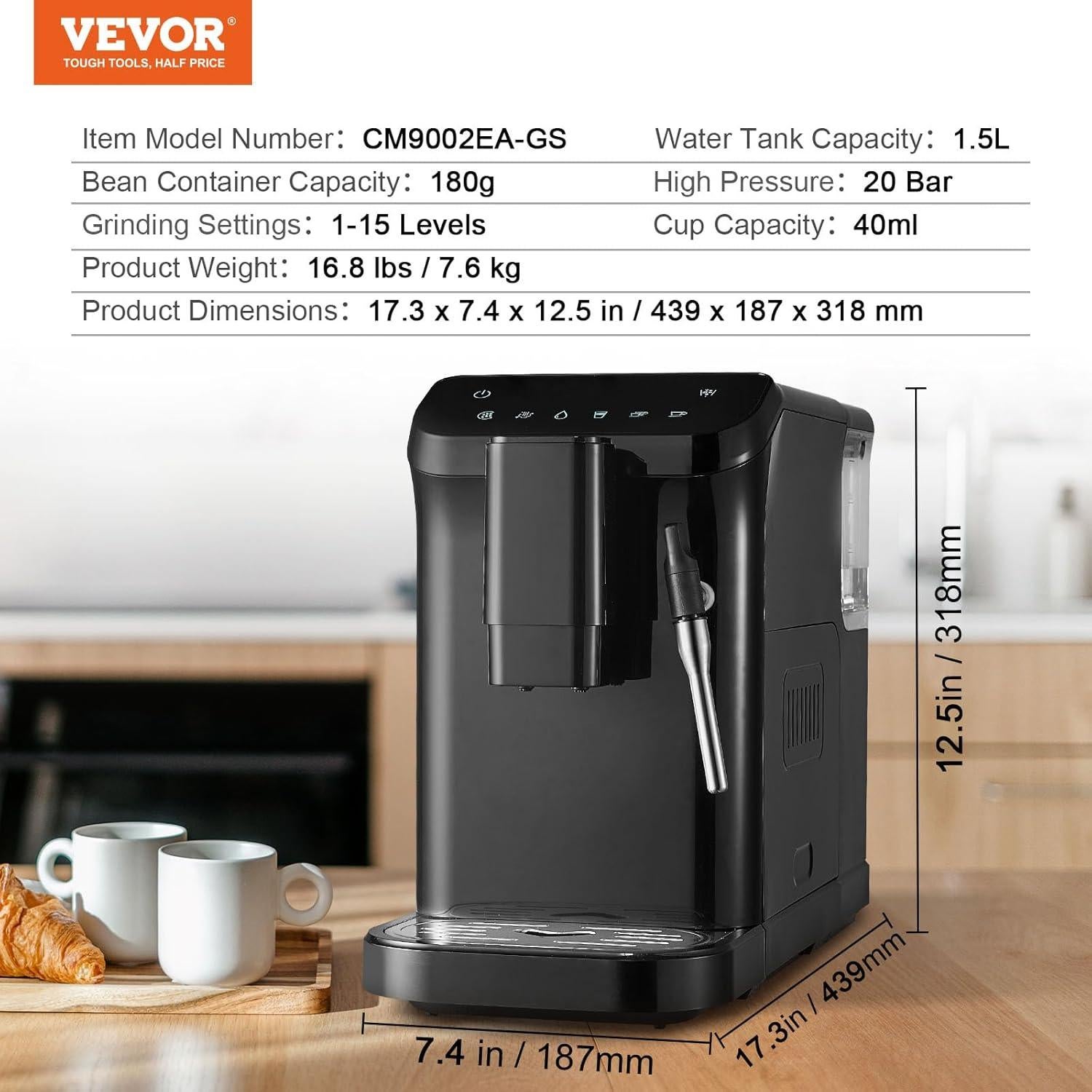 Máquina de Espresso Automática VEVOR 20 Bar con Molinillo 1.5L