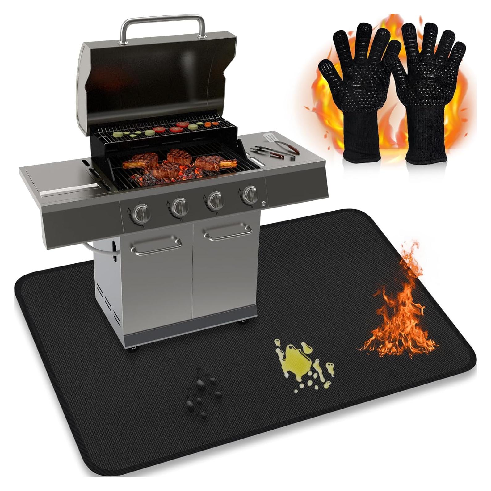 Juego de Parrilla JUIN: Alfombrilla Ignífuga y Guantes BBQ