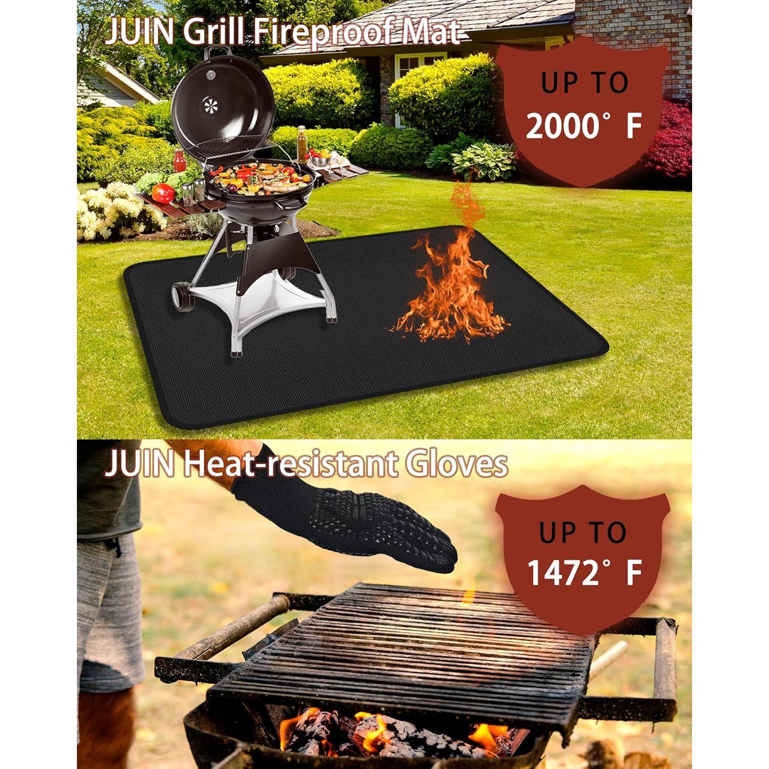 Juego de Parrilla JUIN: Alfombrilla Ignífuga y Guantes BBQ