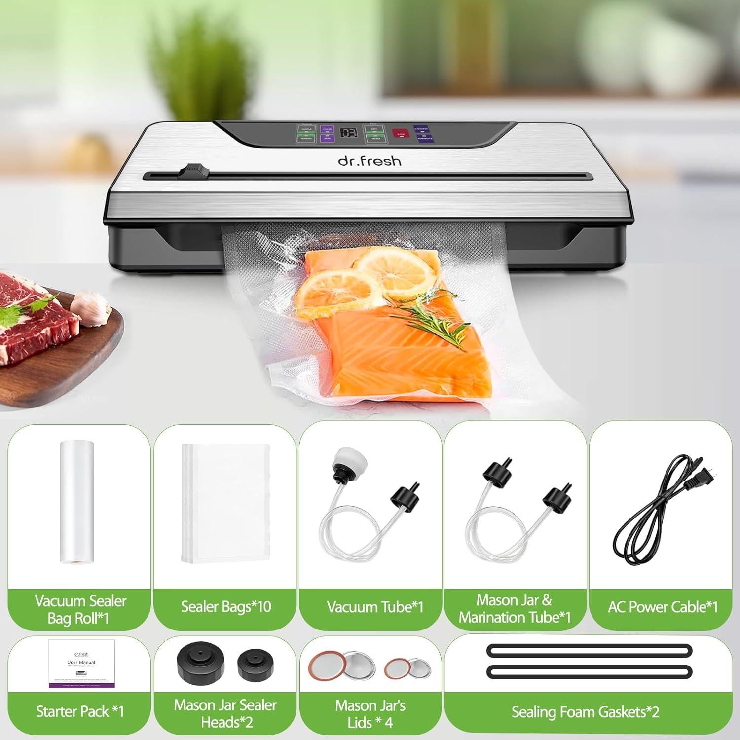 Sellador al vacío DR.Fresh VS8005 10 en 1 con cuchilla y 10 bolsas