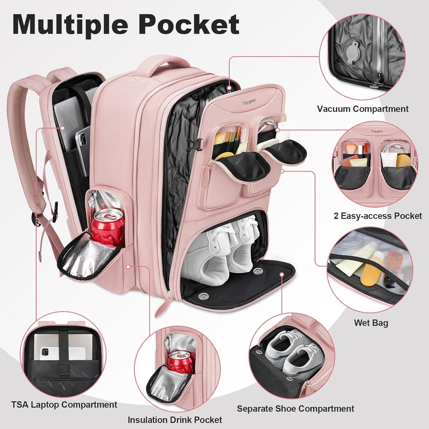 Mochila de Vacío Taygeer Rosa 35L con Compartimento para Zapatos