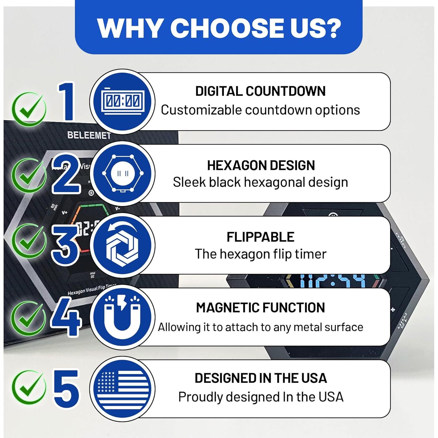 Temporizador Pomodoro Hexagonal Magnético BELEEMET Negro 60min