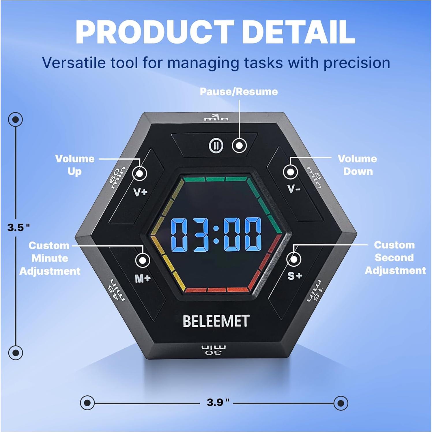 Temporizador Pomodoro Hexagonal Magnético BELEEMET Negro 60min