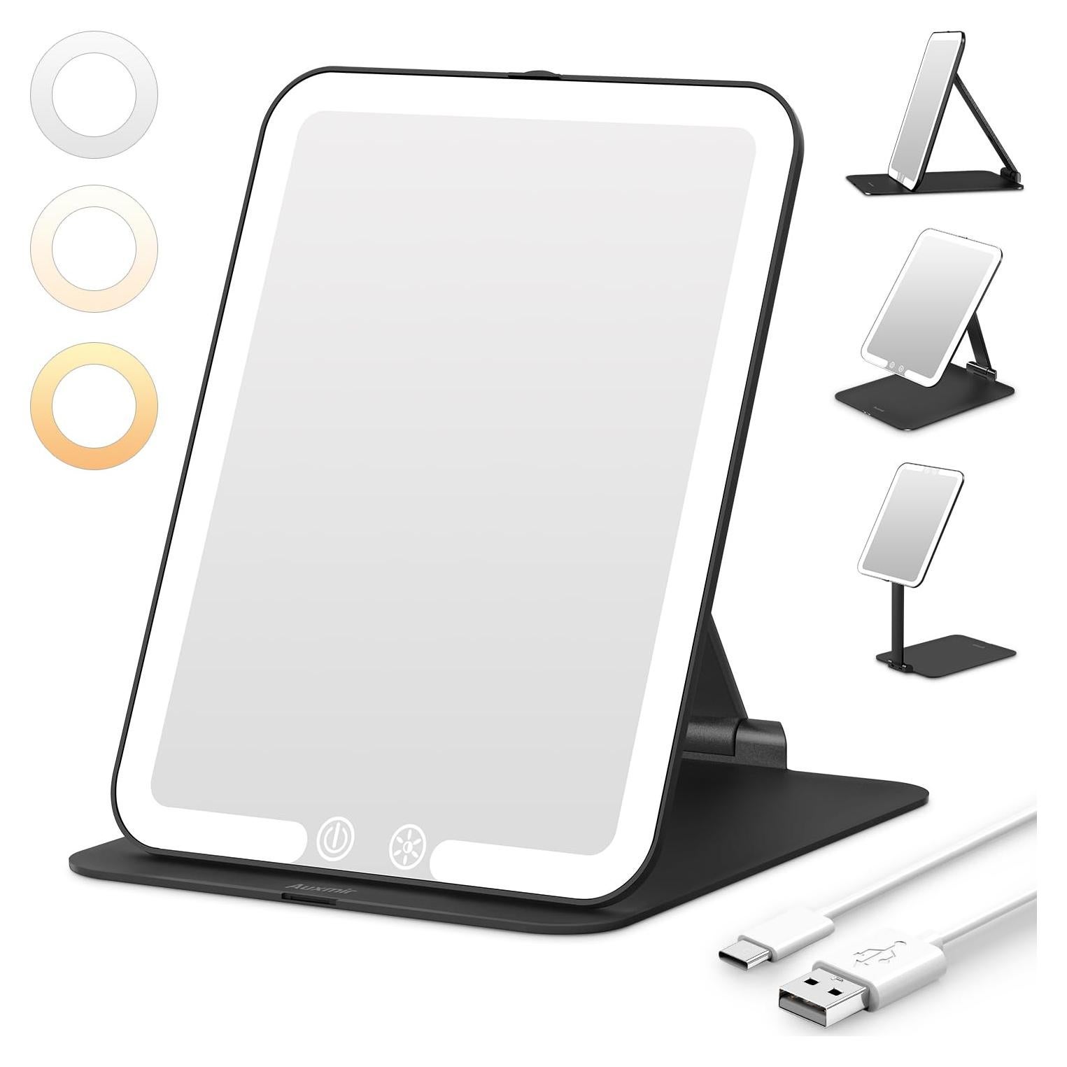 Espejo de Maquillaje Auxmir LED Plegable Recargable Negro