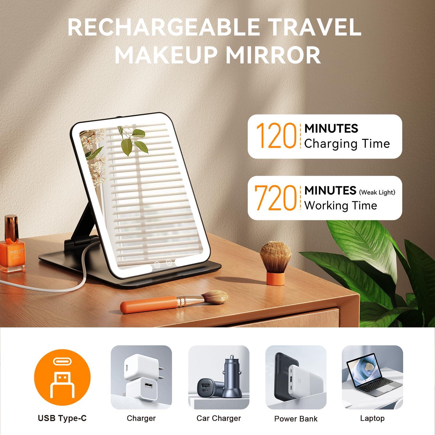 Espejo de Maquillaje Auxmir LED Plegable Recargable Negro