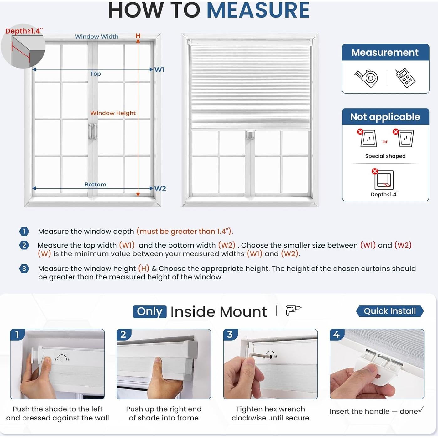 Grandekor No Drill No Tools Cordless Cellular Shades,Light Filtering,Honeycomb Blinds for Indoor Windows,UV Protection Privacy No Drill Blinds for Home,Door,Customer Customization